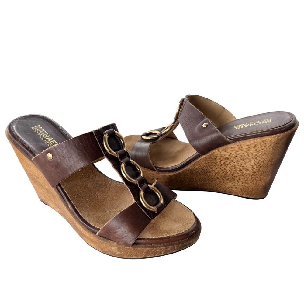 Y2K VTG Michael Kors Brown Leather Wood Wedge Platform Sandals Gold Rings 7.5M